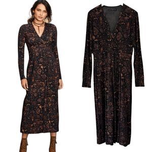 Peruvian Connection Eden Floral Long Sleeve Midi Dress Jersey Knit Fall Large